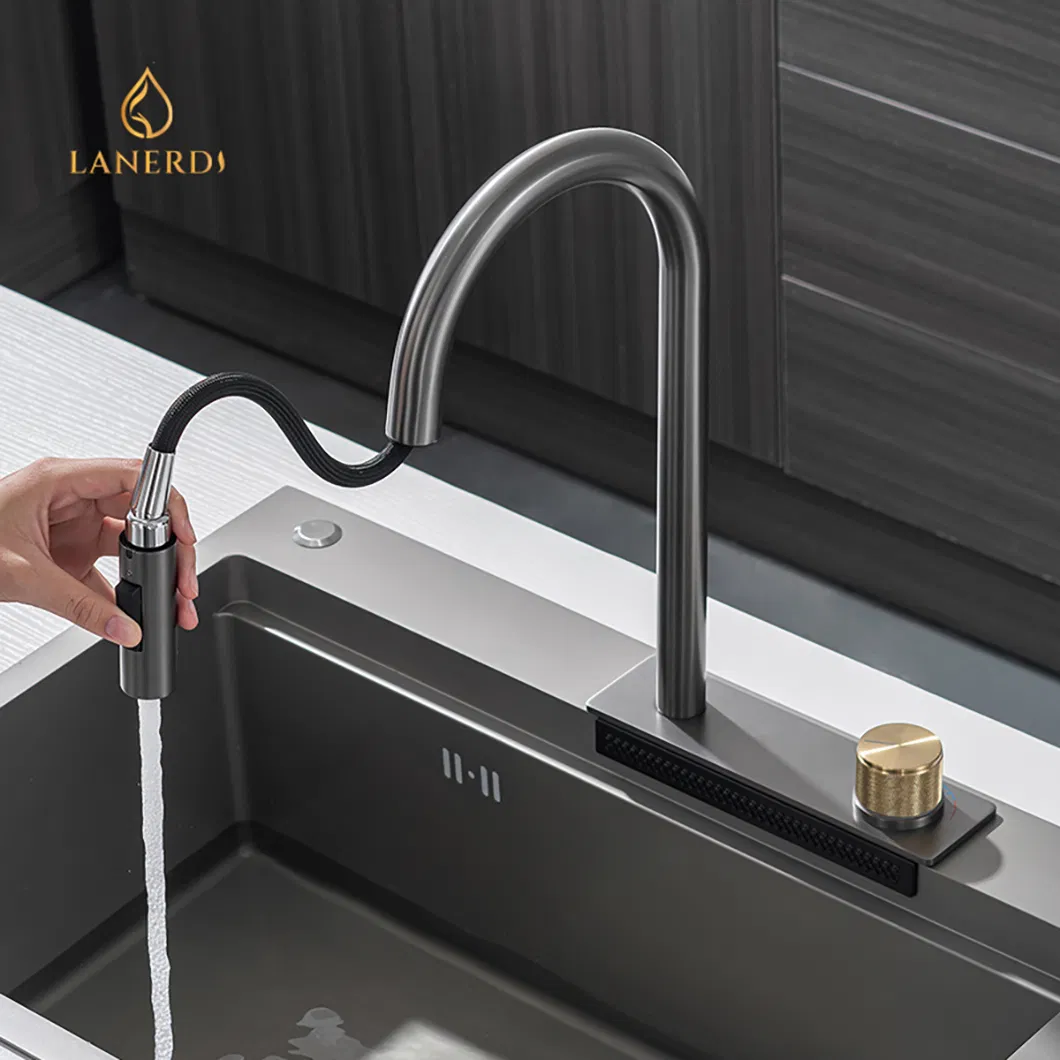 China Faucet Supplier 3 Funciton Pull Down Spray Kitchen Faucet with Flying Rain Waterfall Hot and Cold Water Kitchen Mixer Faucet for Handmade Kitchen Sink