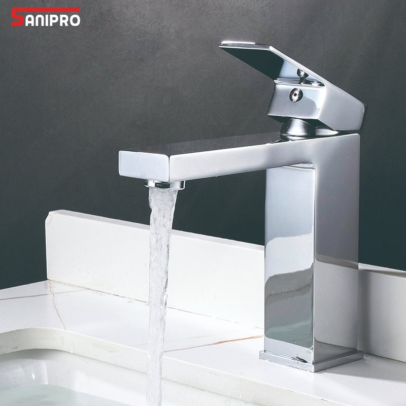 Sanipro Luxury Chrome SUS304 Lavatory Water Tap Hot Cold Mixer Taps Stainless Steel Bathroom Sink Square Basin Faucets