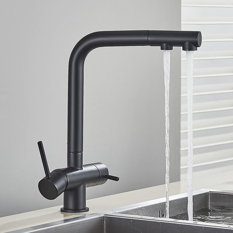 Matte Black Filter Faucet Kitchen Pull-out Spray 360° Swivel Drinking Water Filter Tap Three-Way Sink Mixer Kitchen Faucet