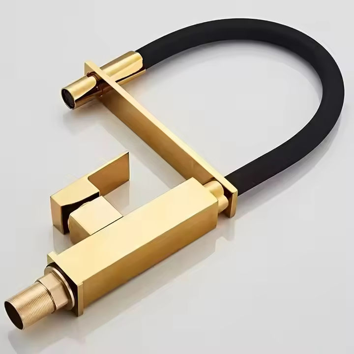 Modern Style Brass Pull-Down Kitchen Mixer Faucet Gold Square Single Handle