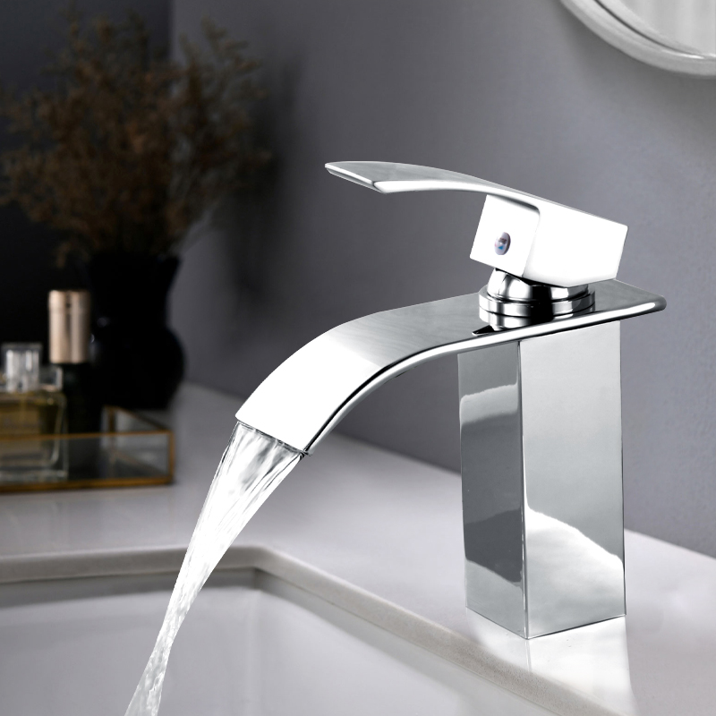 Sink Bathroom Robinet Waterfall Faucet Deck Mount Hot Cold Water Basin Mixer Taps Polished Chrome Lavatory