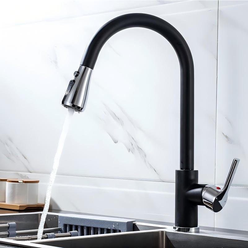Modern Deck-Mounted Hot and Cold Mixer Faucet with 3 Functions, Black Chrome Pull-Down Kitchen Faucet