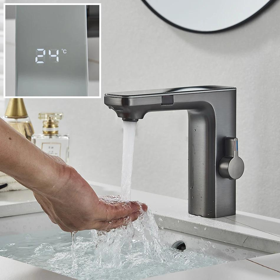 Uythner Smart LCD Sensor Basin Faucet Digital Display Screen Hot Cold Water Mixer Tap Vanity Touchless Faucet for Bathroom Basin