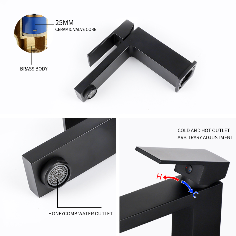 Tiema Deck Mounted Brass Wash Black Water Bathroom Basin Mixer Faucets