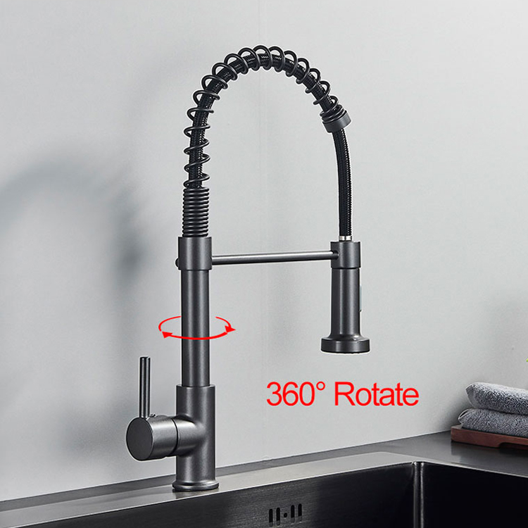 Sanipro Flexible Cold Hot Mixer Sink Tap SUS304 Stainless Steel Black 360 Rotation Spring Kitchen Faucet with Pull Down Sprayer