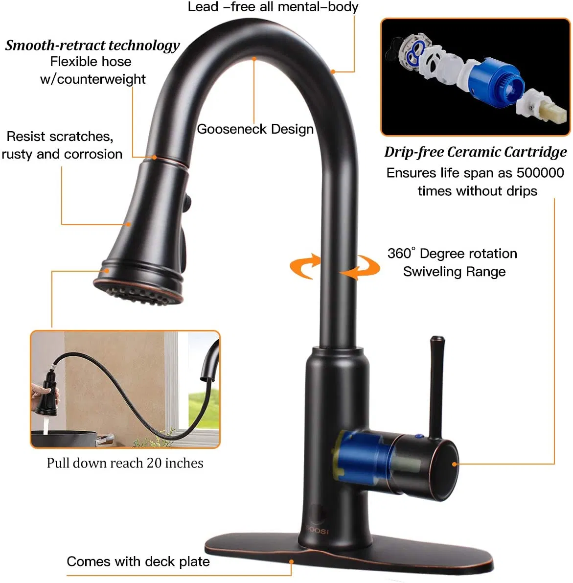 Lead-Free Infrared Sensor Automatic Touchless Rotatable Kitchen Sink Mixer Kitchen Faucet Kitchen Tap with Single Handle, Pull out Pull Down Sprayer in Orb