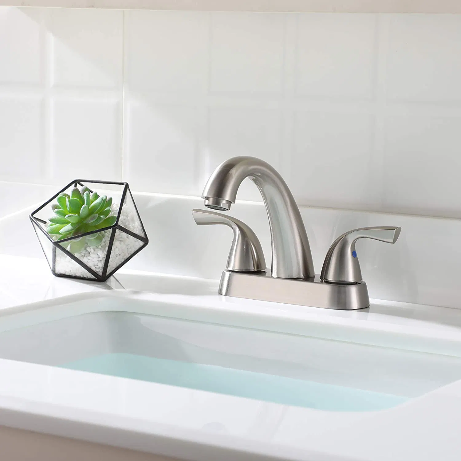 Aquacubic Double Handle Tap Deck Mounted 4" Centerset Brushed Bathroom Sink Faucet