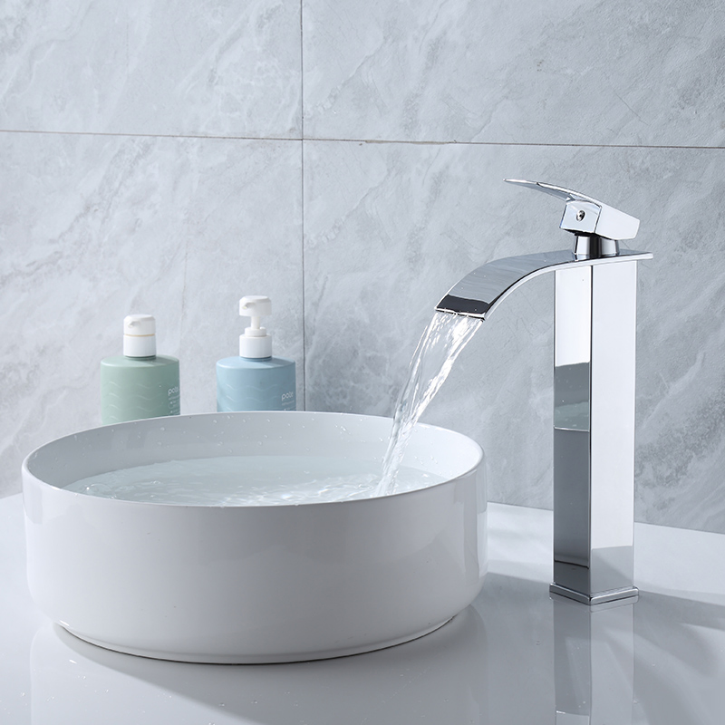 Household Bathroom Polish Chrome Basin Hot and Cold Faucet Waterfall Washbasin Square Tall Antique Countertop Sink Vessel Bowl Mixer Tap