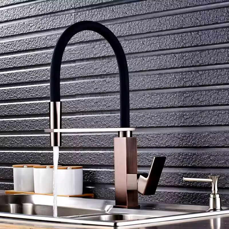 Modern Style Brass Pull-Down Kitchen Mixer Faucet Gold Square Single Handle