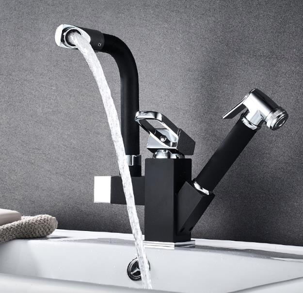 Brass Pull out Basin Faucet Cold Hot Rotary Black Matte Paint Wash Basin Retractable Bathroom Faucet