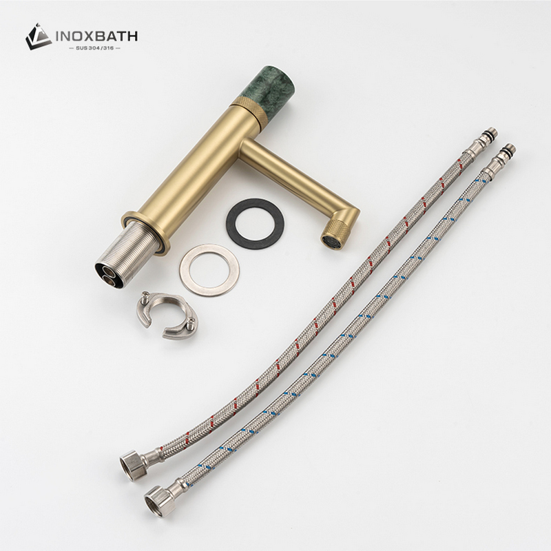 Brushed Gold Bathroom Sink Faucet with Jade Stone Handle and Cross Knurled Spout for Modern Luxury Design