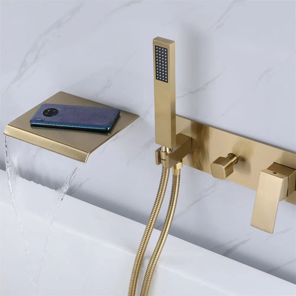 Modern Style Waterfall Wall Mounted Bathroom Brass Brushed Gold Finished Bath Mixer Faucet