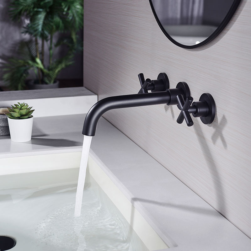 Matte Black 2 Cross Handles Tap in Wall Bathroom Bathtub Basin Faucet