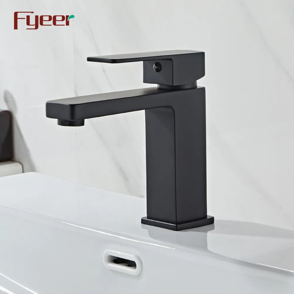 Fyeer Factory Price Matte Black Square Body Solid Brass Bathroom Basin Faucet