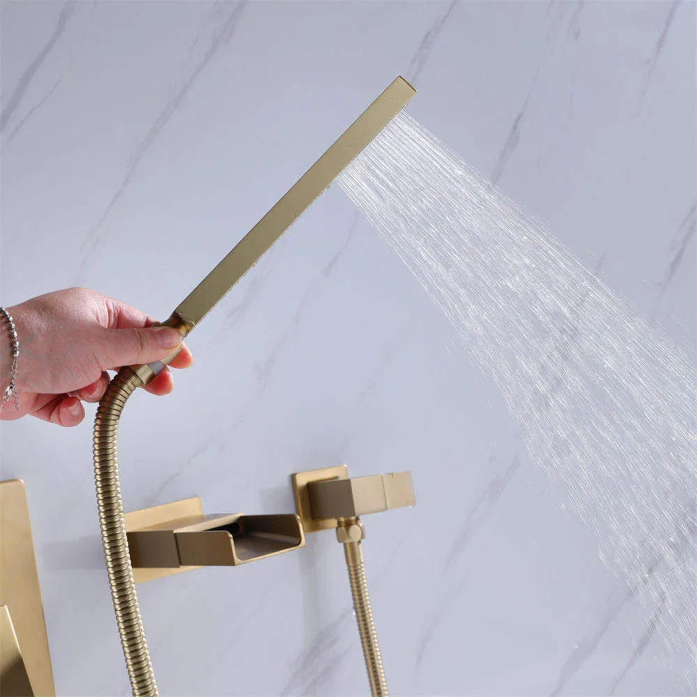 3 Hole Waterfall New Design Wall Exposed Brass Brushed Gold Finished Bath Faucet with Hand Shower