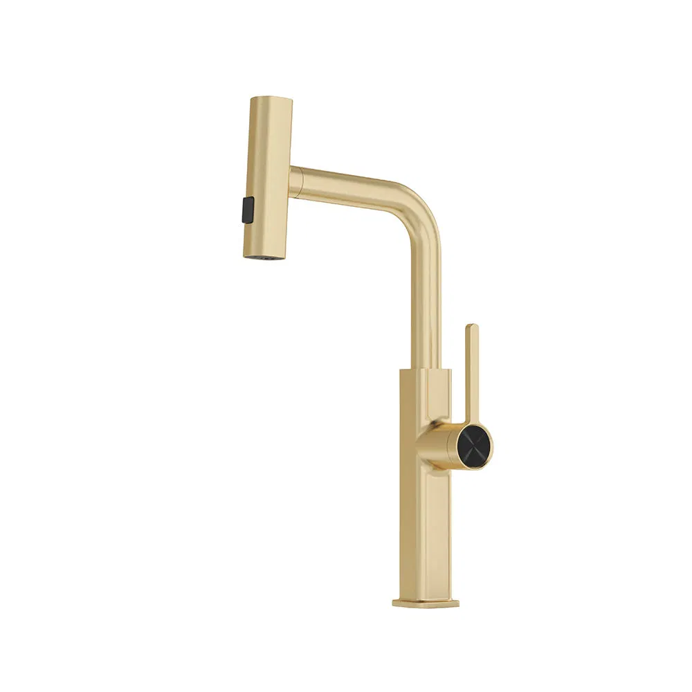 Modern Style Brushed Gold Finished Sink Mounted Flexible Pulling out Copper Kitchen Mixer Faucet