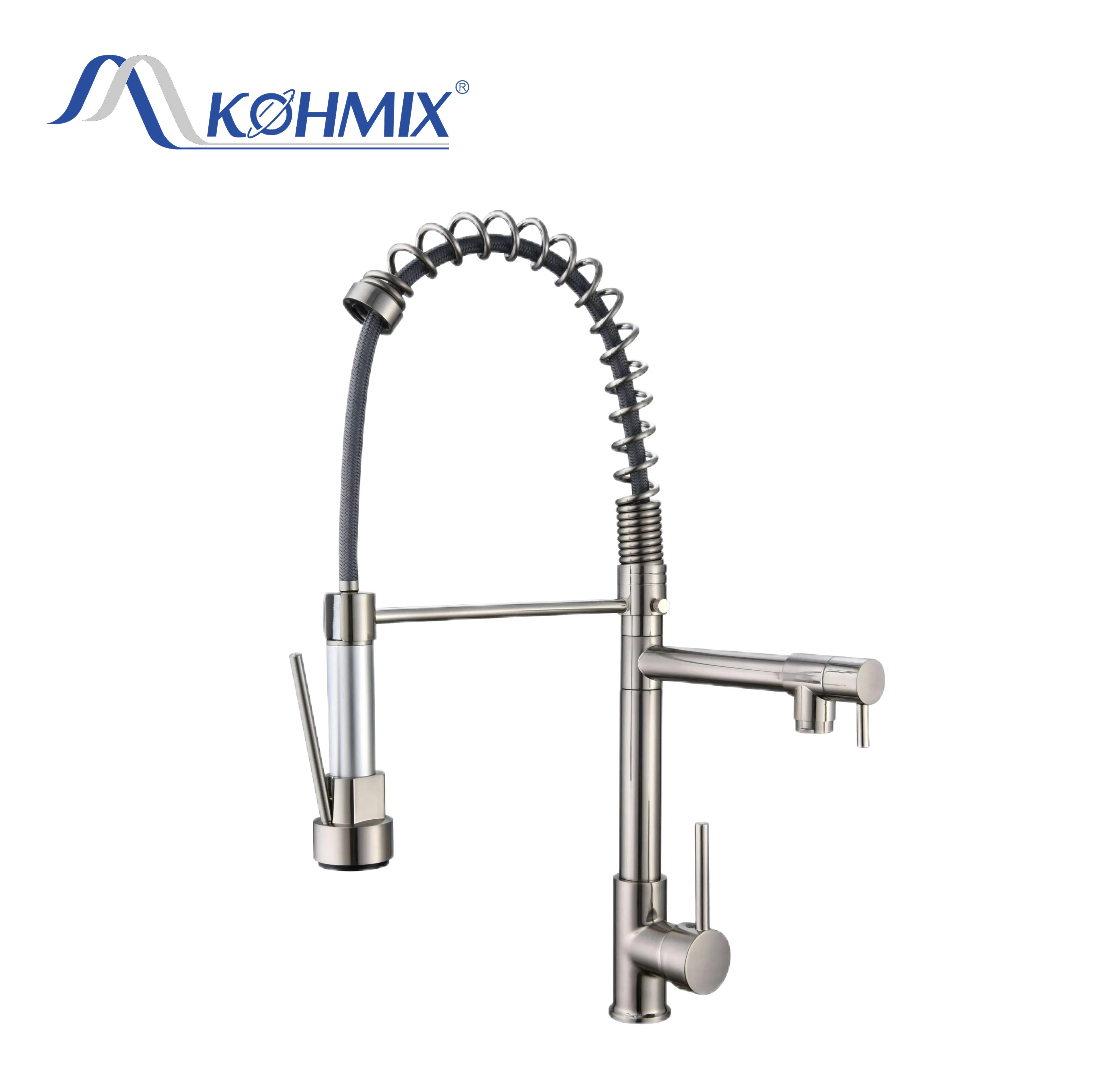 Kohmix SUS304 Chrome Silver Kitchen Sink Faucet 360 Flexible Pull out Spray Kitchen Faucet
