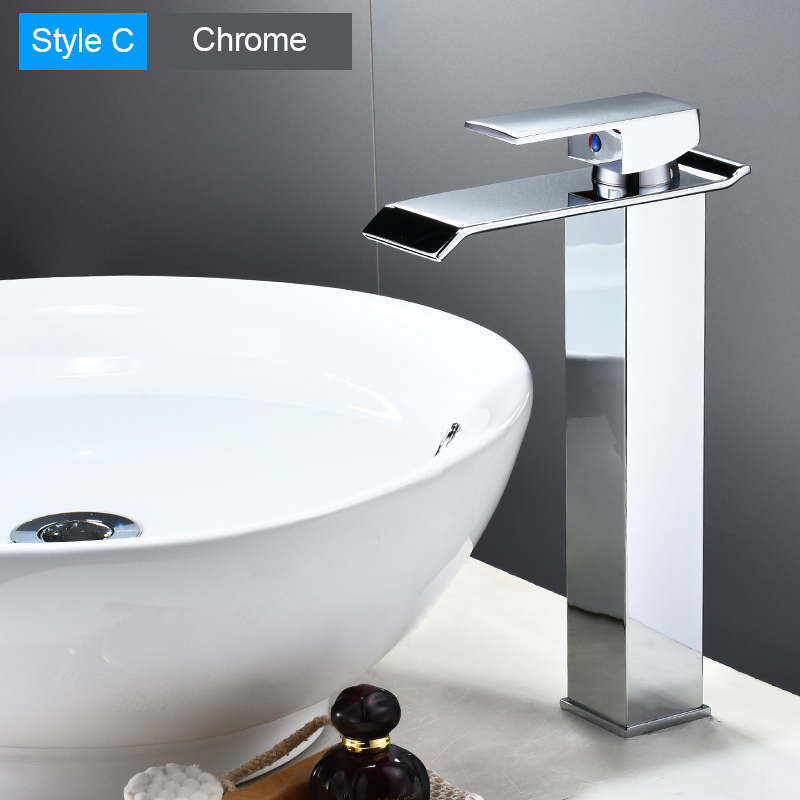 Sink Bathroom Robinet Waterfall Faucet Deck Mount Hot Cold Water Basin Mixer Taps Polished Chrome Lavatory
