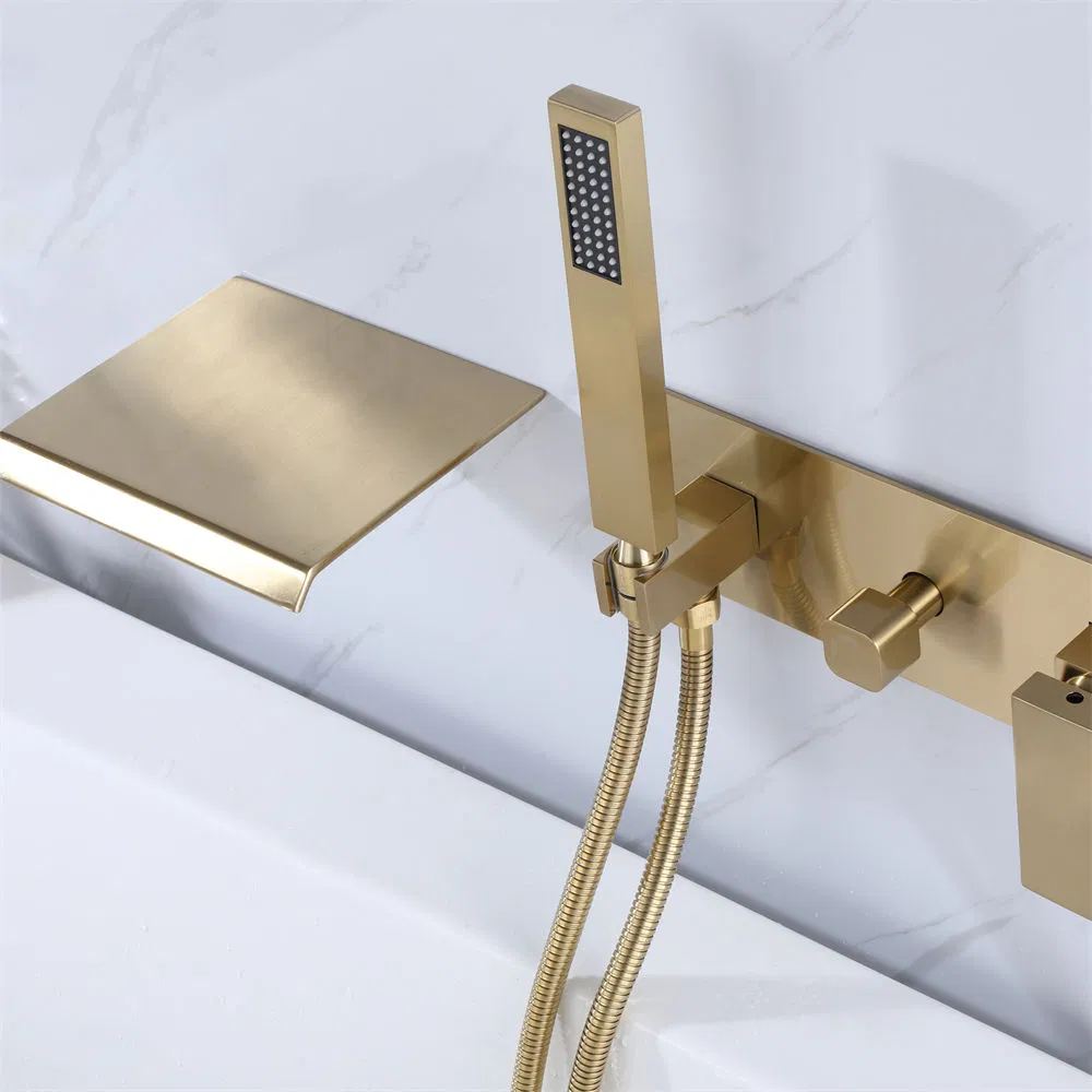 Modern Style Waterfall Wall Mounted Bathroom Brass Brushed Gold Finished Bath Mixer Faucet