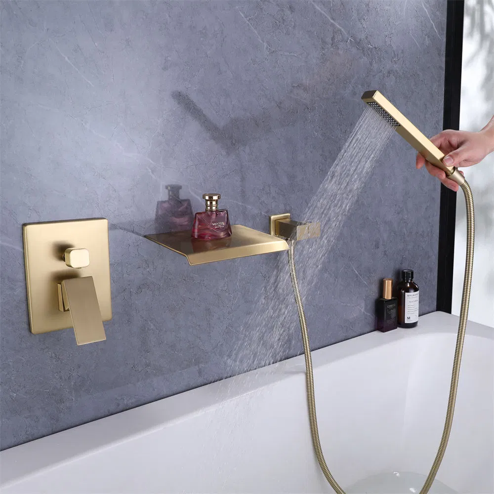 Wholesale Price Waterfall Bathroom Wall Exposed Brass Brushed Gold Finished Bath Faucet with Hand Shower