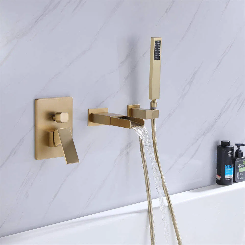 3 Hole Waterfall New Design Wall Exposed Brass Brushed Gold Finished Bath Faucet with Hand Shower