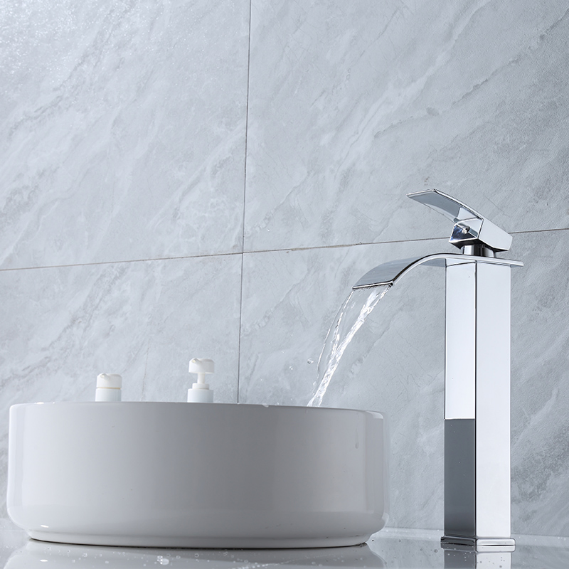 Household Bathroom Polish Chrome Basin Hot and Cold Faucet Waterfall Washbasin Square Tall Antique Countertop Sink Vessel Bowl Mixer Tap