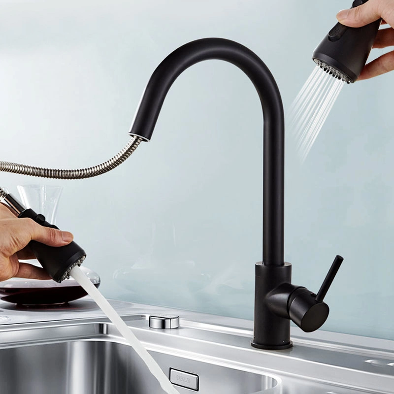 Deck Mounted Matt Black Brass Pull Down Kitchen Sink Water Faucet (NA011)