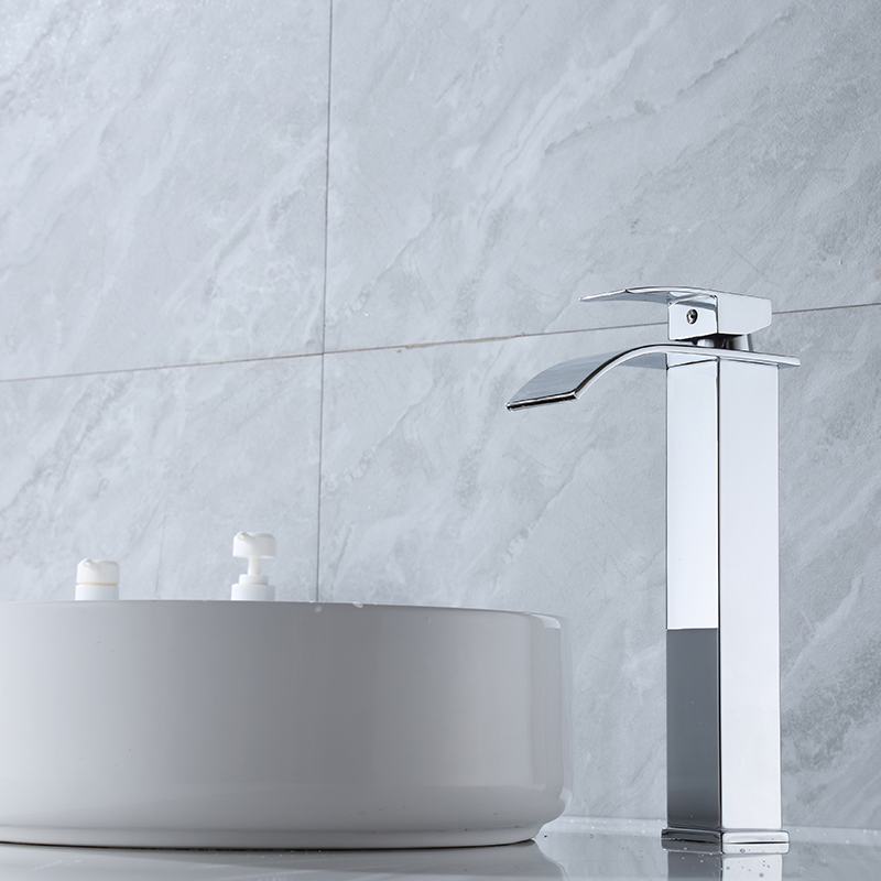 Household Bathroom Polish Chrome Basin Hot and Cold Faucet Waterfall Washbasin Square Tall Antique Countertop Sink Vessel Bowl Mixer Tap