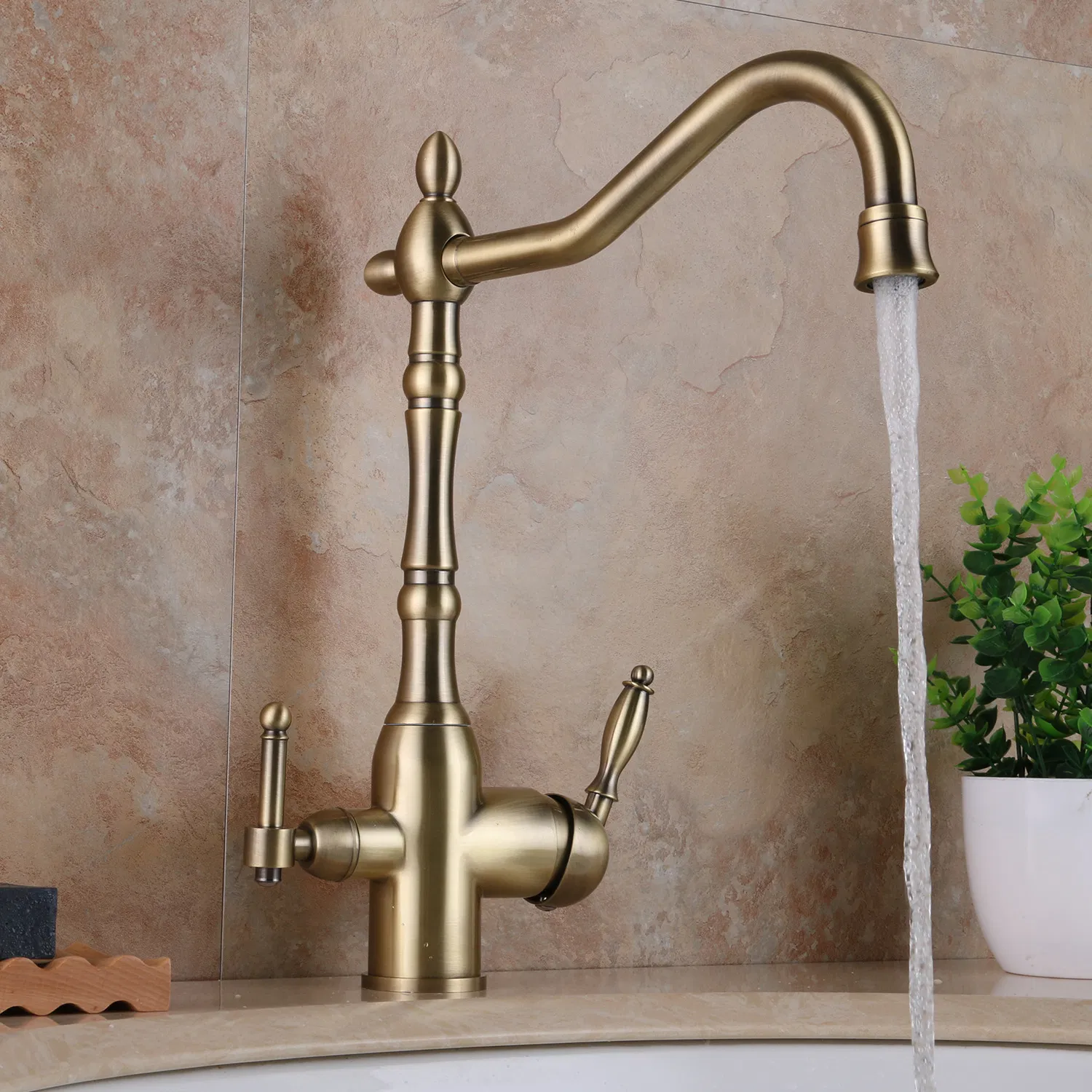 Gold Paint Kitchen Sink Basin Faucet Antique Faucet 3 Way Spout Kitchen Mixer Purifier Water Tap