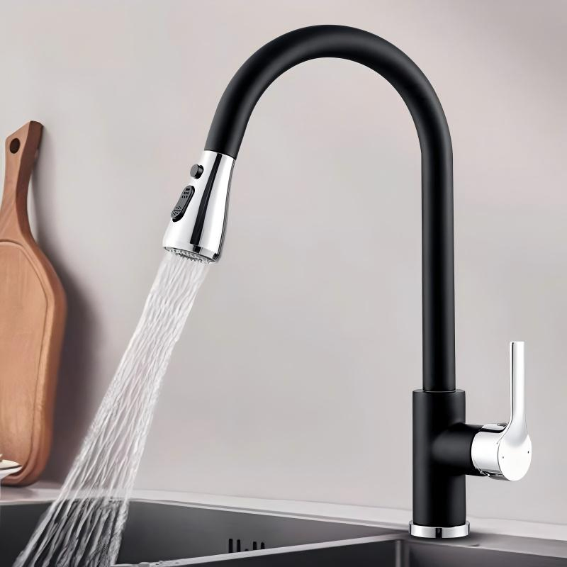 Modern Deck-Mounted Hot and Cold Mixer Faucet with 3 Functions, Black Chrome Pull-Down Kitchen Faucet