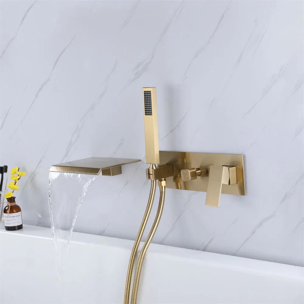 Modern Style Waterfall Wall Mounted Bathroom Brass Brushed Gold Finished Bath Mixer Faucet