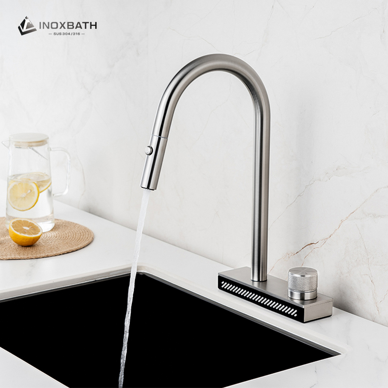 Factory Price 304 Stainless Steel Pull Down Kitchen Faucet Rainll Flow Pull out with 2 Water Spray Button