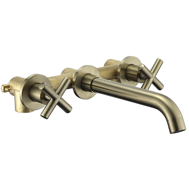 Double Handle Brushed Golden Brass Bathroom Basin Faucet Lavatory Faucet