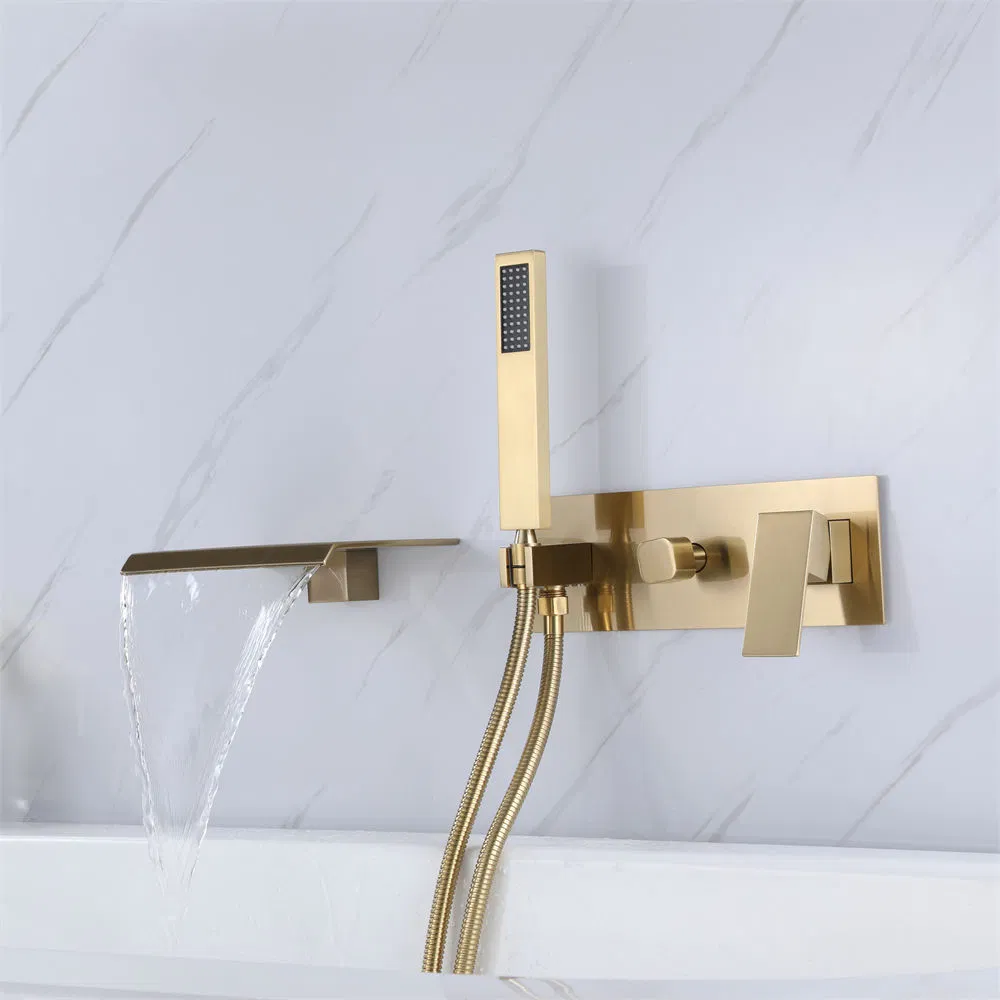 Modern Style Waterfall Wall Mounted Bathroom Brass Brushed Gold Finished Bath Mixer Faucet