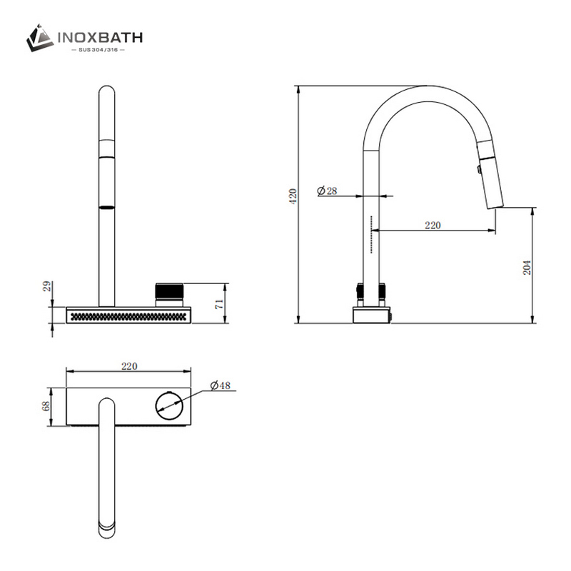 Factory Price 304 Stainless Steel Pull Down Kitchen Faucet Rainll Flow Pull out with 2 Water Spray Button