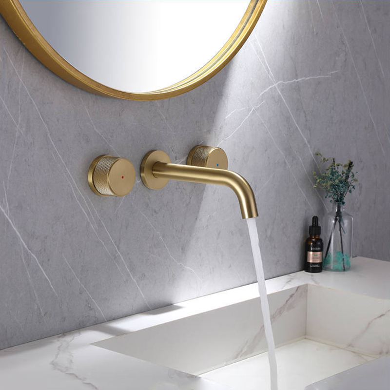 Good Use Double Handles Wall Mounted Faucet Mixer Modern Solid Brass Brush Gold Finished Basin Taps