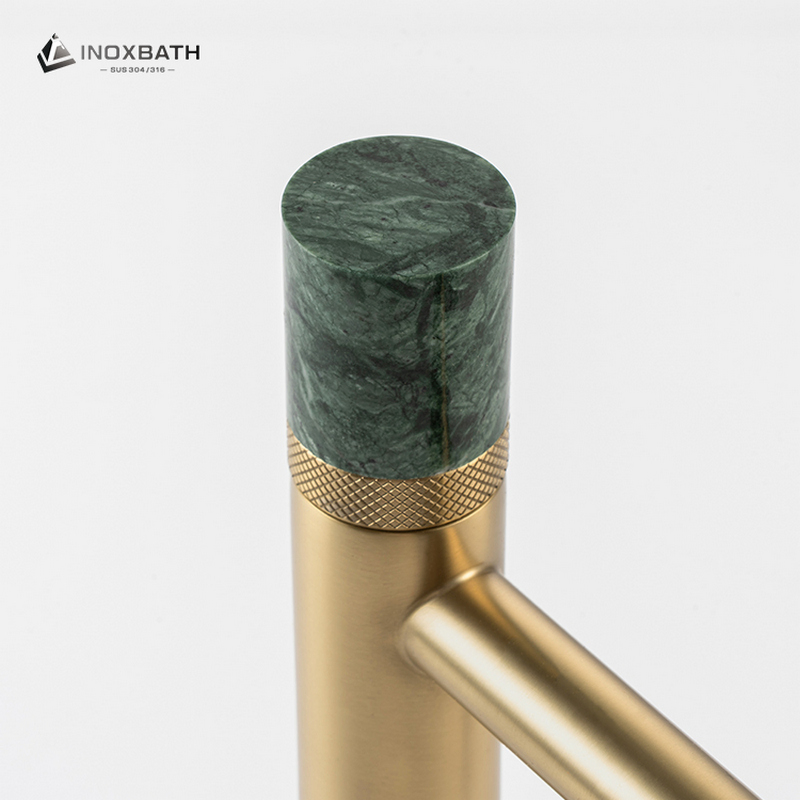 Brushed Gold Bathroom Sink Faucet with Jade Stone Handle and Cross Knurled Spout for Modern Luxury Design