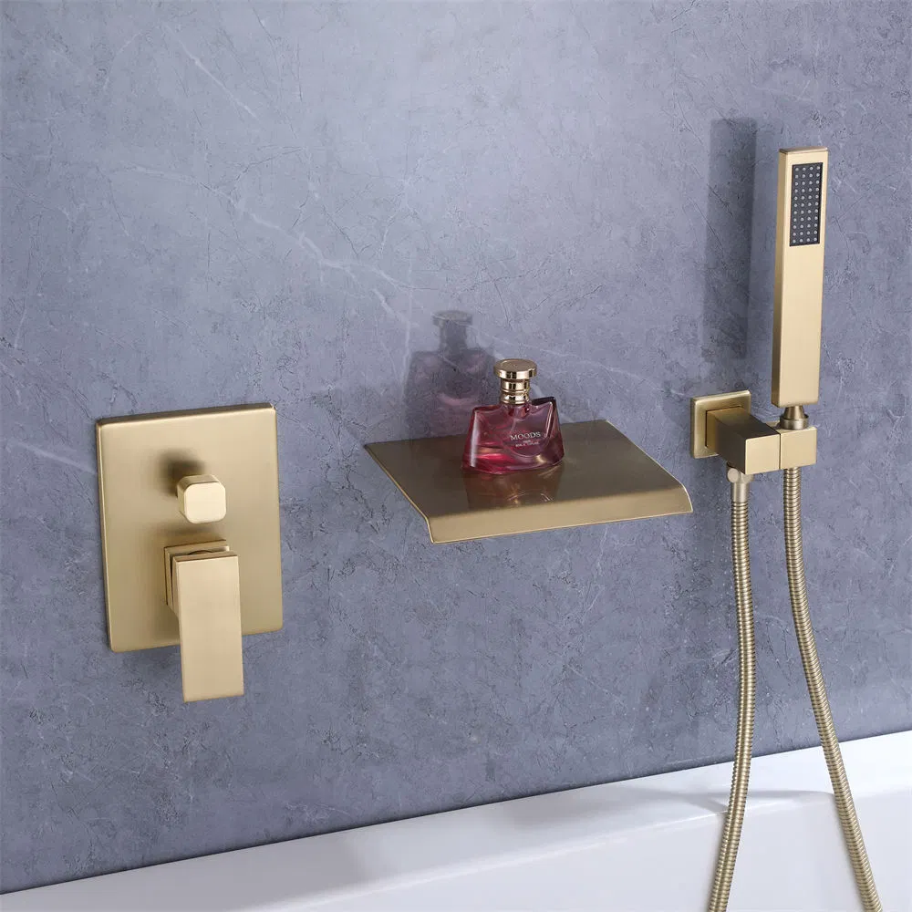 Wholesale Price Waterfall Bathroom Wall Exposed Brass Brushed Gold Finished Bath Faucet with Hand Shower