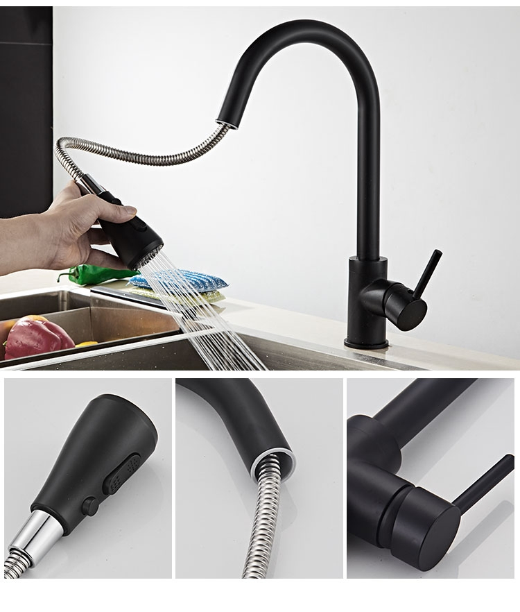 Deck Mounted Matt Black Brass Pull Down Kitchen Sink Water Faucet (NA011)