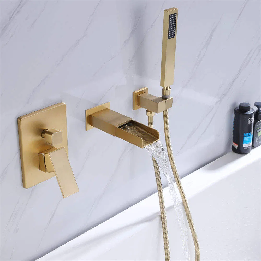 3 Hole Waterfall New Design Wall Exposed Brass Brushed Gold Finished Bath Faucet with Hand Shower