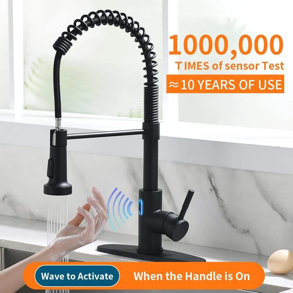 Touchless Kitchen Faucet with Pull Down Sprayer LED Light Single Handle Kitchen Sink Faucet Motion Sensor Smarthands-Free Black
