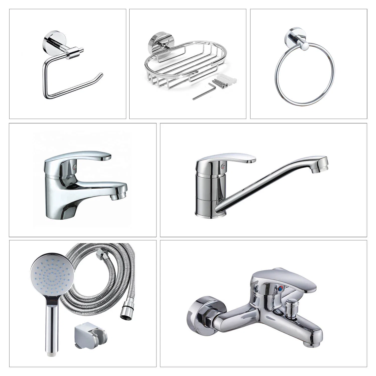 Apartment Bathroom Full Hardware Set Chrome Plated Brass &amp; Zinc Faucet Kitchen Sink Tap Shower Mixer Washbasin Tap Sanitary Ware for Projects &amp; Hote