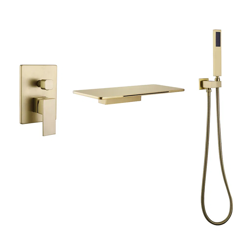 Bathroom Bathtub Faucet Waterfall Wall Exposed Brass Brushed Gold Finished Bath Faucet with Hand Shower