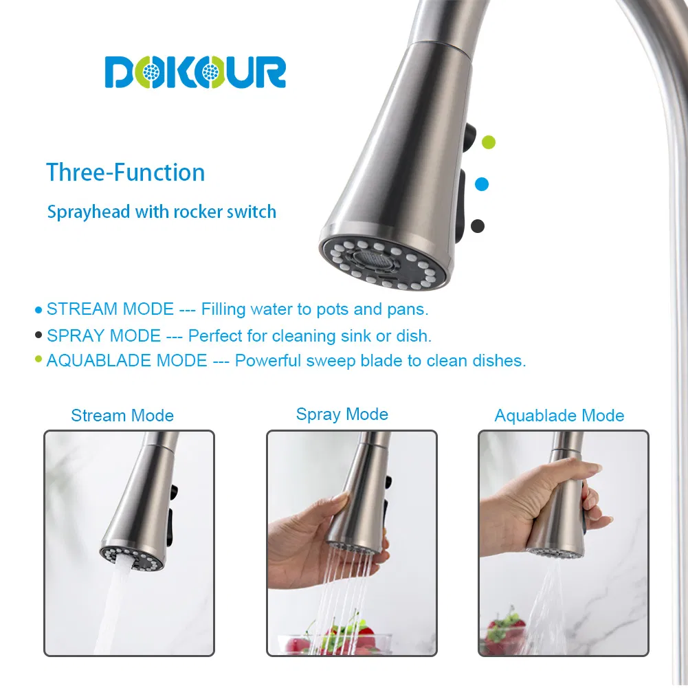 High Arc Brushed Nichel Pull-out Kitchen Faucet Tap with 3 Function Sprayer