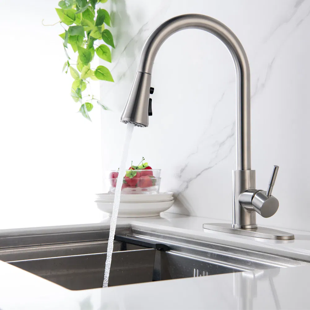 High Arc Brushed Nichel Pull-out Kitchen Faucet Tap with 3 Function Sprayer