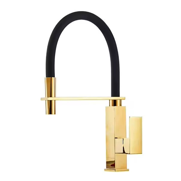 Modern Style Brass Pull-Down Kitchen Mixer Faucet Gold Square Single Handle
