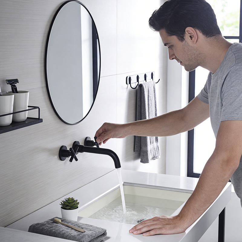 Matte Black 2 Cross Handles Tap in Wall Bathroom Bathtub Basin Faucet