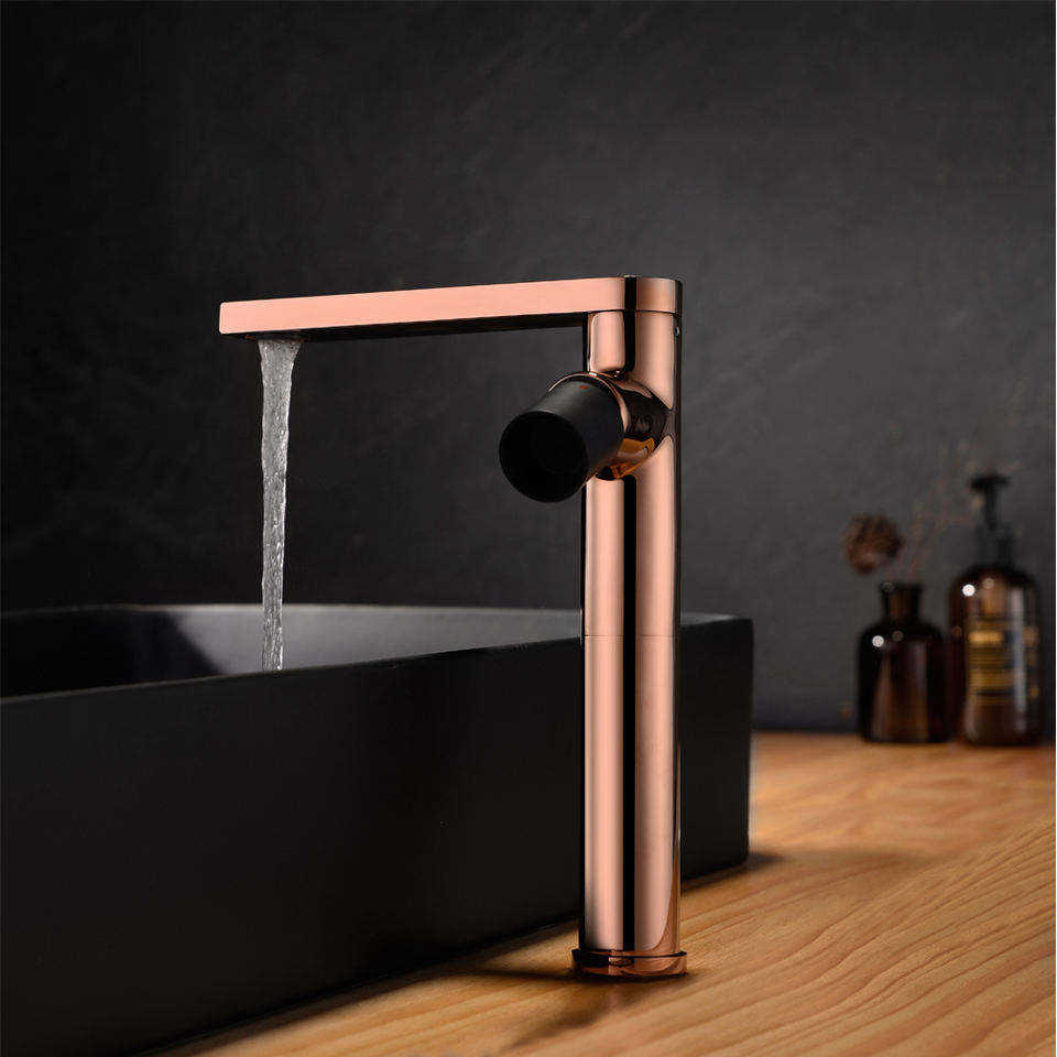 Single Hole New Design Long Neck Luxury Rose Gold Finished Basin Faucet
