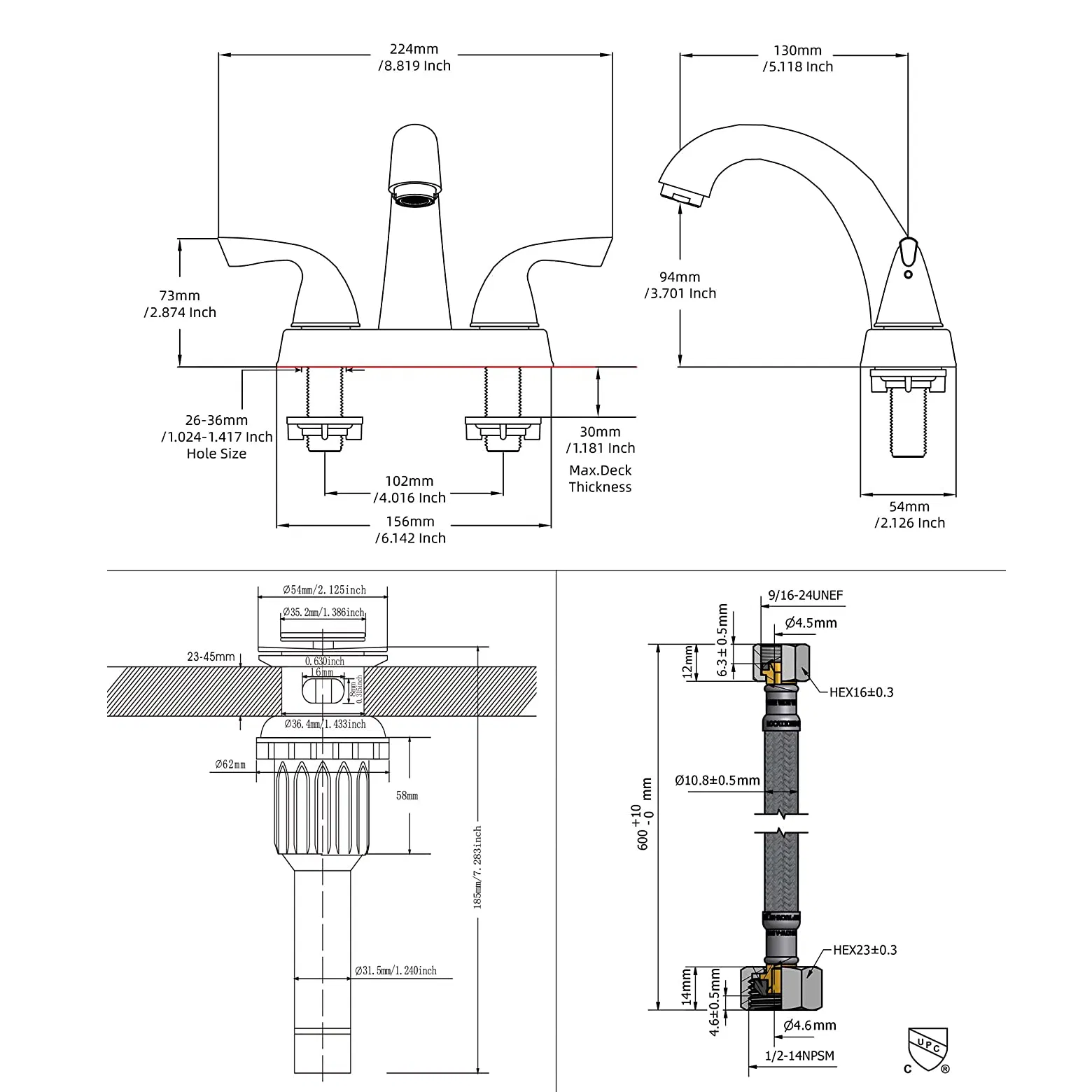 Aquacubic Double Handle Tap Deck Mounted 4" Centerset Brushed Bathroom Sink Faucet