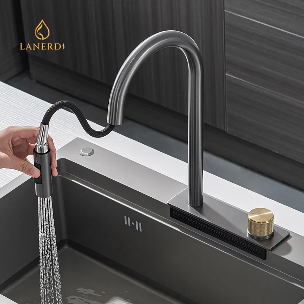 China Faucet Supplier 3 Funciton Pull Down Spray Kitchen Faucet with Flying Rain Waterfall Hot and Cold Water Kitchen Mixer Faucet for Handmade Kitchen Sink